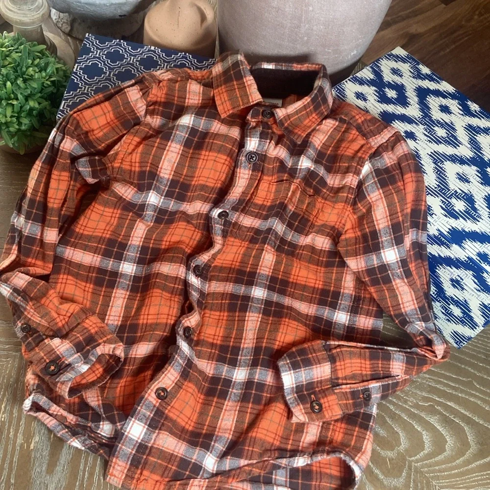 Boys Gymboree Orange Creamy White & Chocolate Brown Plaid Flannel Shirt